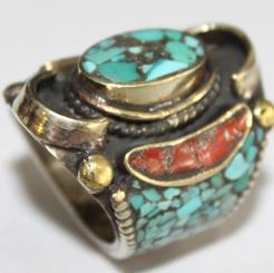 AF-0018 - Grosse Bague Ethnique Afghane et Médiévale Corail, Turquoise T 55 - 77 carats