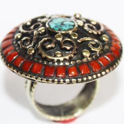 AF-0036 - Grosse Bague Ethnique Afghane et Médiévale Corail, Turquoise, T 54 - 102 carats 20.4