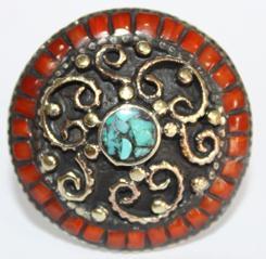 AF-0036A - Grosse Bague Ethnique Afghane et Médiévale Corail, Turquoise, T 55 - 102 carats 20.4 gr