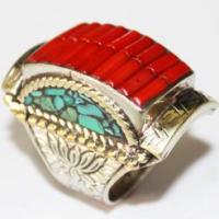 Af 0049 bague chevaliere afghane medievale corail turquoise 1 