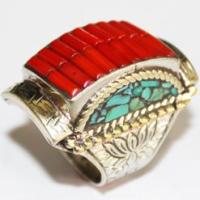 Af 0049 bague chevaliere afghane medievale corail turquoise 3