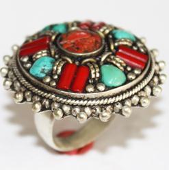 AF-0055 - Grosse Bague Ethnique Afghane et Médiévale Corail, Turquoise T 61 - 147 carats 29.4 gr