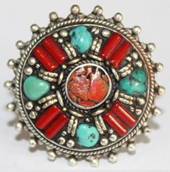 AF-0055A - Grosse Bague Ethnique Afghane et Médiévale Corail, Turquoise T 56 - 150 carats 30 gr