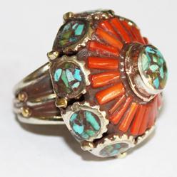 AF-0059A - Grosse Bague Ethnique Afghane et Médiévale Corail, Turquoise,T 59 - 169 carats