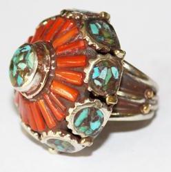 AF-0059B - Grosse Bague Ethnique Afghane et Médiévale Corail, Turquoise,T 61 - 168 carats