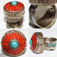 Af 0069 bague afghane medievale corail turquoise ethnique 1