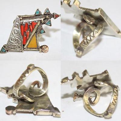 Af 0099 bague afghane turquoise cocrail ambre ethnique 1