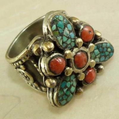 Af 0202 bague afghane medievale turquoise corail ethnique 1