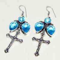 Am 3298b boucles oreilles pendants croix aigue marine bleue achat vente argent 925