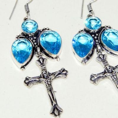 Am 3298c boucles oreilles pendants croix aigue marine bleue achat vente argent 925