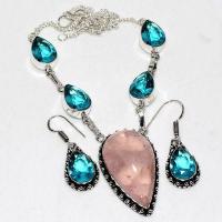 Am 3412a collier boucles oreilles aigue marine quartz rose 35gr 20x35mm achat vente argent 925