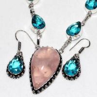 Am 3412c collier boucles oreilles aigue marine quartz rose 35gr 20x35mm achat vente argent 925