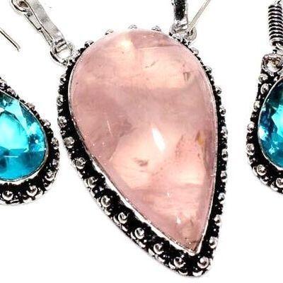 Am 3412a collier boucles oreilles aigue marine quartz rose 35gr 20x35mm achat vente argent 925