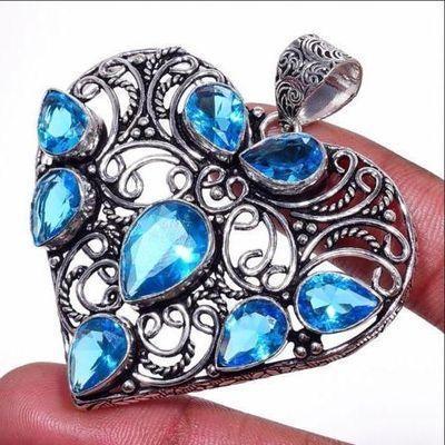 Am 3432a pendentif coeur pendants 60mm 8xaigue marine 17gr bleue bijou porte bonheur 1900 vente argent 925