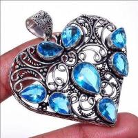 Am 3432b pendentif coeur pendants 60mm 8xaigue marine 17gr bleue bijou porte bonheur 1900 vente argent 925