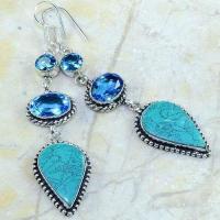 Am 3472a boucles pendants oreilles turquoise aigue marine bleue argent 925 vente achat