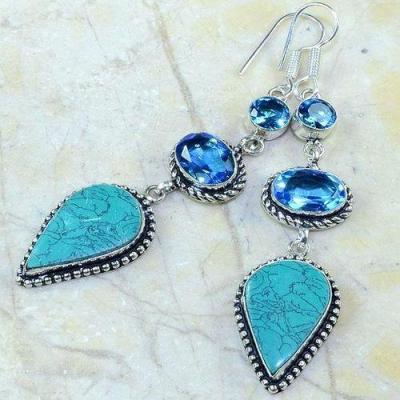 Am 3472c boucles pendants oreilles turquoise aigue marine bleue argent 925 vente achat