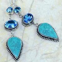 Am 3472c boucles pendants oreilles turquoise aigue marine bleue argent 925 vente achat