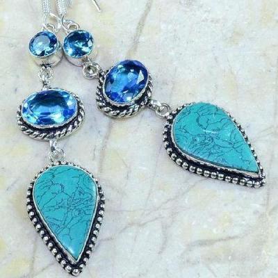 Am 3472c boucles pendants oreilles turquoise aigue marine bleue argent 925 vente achat