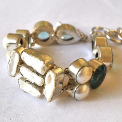 Am 3487 bracelet aigue marine perles nacre 16mm argent925 53gr 1 