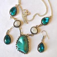 Am 3489 collier boucles oreilles aigue marine turquoise argent925 30gr 1