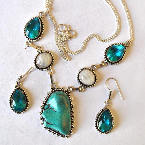 Am 3489 collier boucles oreilles aigue marine turquoise argent925 30gr 1