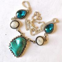 Am 3489 collier boucles oreilles aigue marine turquoise argent925 30gr 2