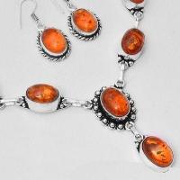 Amb 095b collier boucles oreilles pendants 33gr ambre baltique miel 10x15mm argent 925