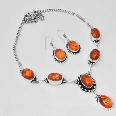 Amb 095a collier boucles oreilles pendants 33gr ambre baltique miel 10x15mm argent 925