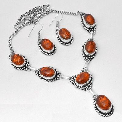 Amb 098a collier boucles oreilles pendants 33gr ambre baltique miel 10x15mm argent 926