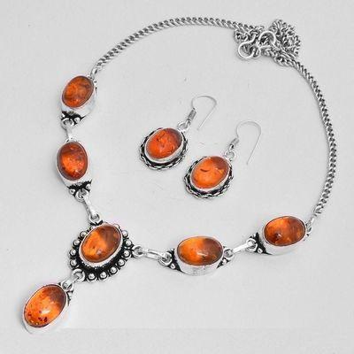 Amb 100e collier boucles oreilles pendants 33gr ambre baltique miel 10x15mm argent 925