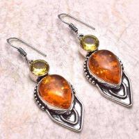 Amb 198f boucles oreilles pendants 11gr 50mm citrine ambre baltique ethnique