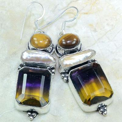 Ame 474a boucles pendants oreilles ametrine perles oeil tigre achat vente bijou argent 925