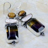 Ame 474b boucles pendants oreilles ametrine perles oeil tigre achat vente bijou argent 925