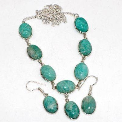 Amz 184a collier boucles oreilles amazonite 10x15mm 21gr bijou argent 925