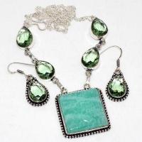 Amz 191a collier boucles oreilles amazonite aigue marine 25x25mm 32gr bijou argent 925