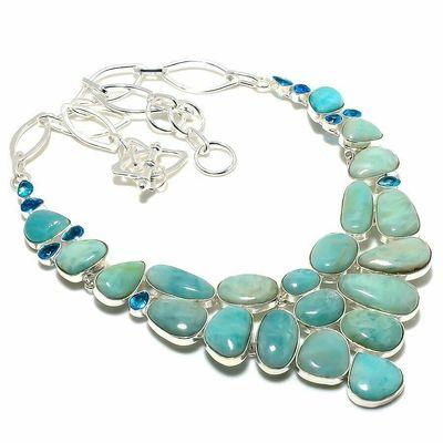 Amz 239a collier parure amazonite topaze bleue 20x15mm 70gr bijou ethnique argent 925
