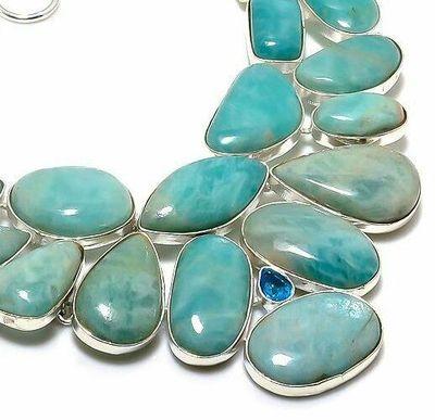 Amz 240c collier parure amazonite topaze bleue 20x15mm 95gr bijou ethnique argent 925
