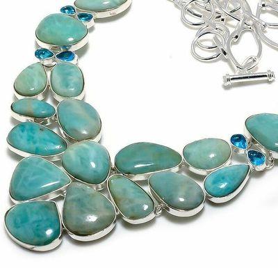 Amz 243b collier parure amazonite topaze bleue 15x20mm 87gr bijou ethnique argent 925