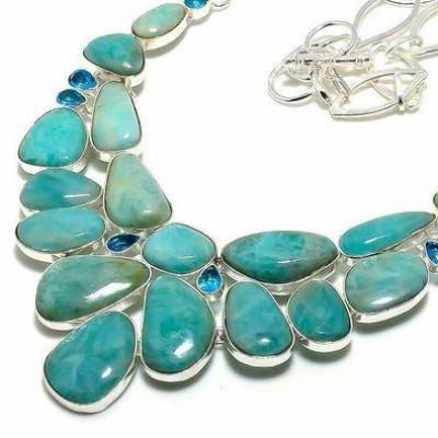 Amz 244c collier parure amazonite topaze bleue 15x20mm 75gr bijou ethnique argent 925