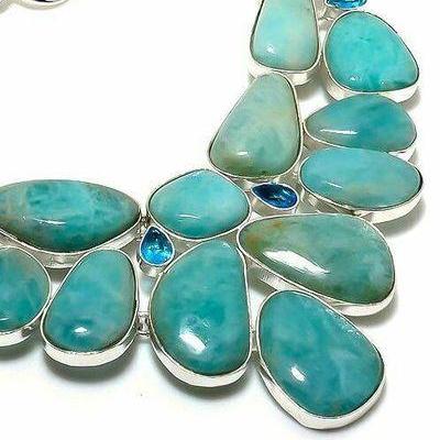 Amz 244c collier parure amazonite topaze bleue 15x20mm 75gr bijou ethnique argent 925