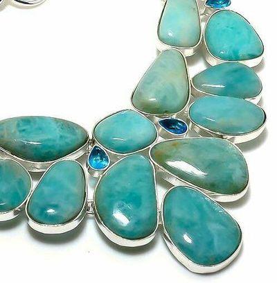 Amz 244c collier parure amazonite topaze bleue 15x20mm 75gr bijou ethnique argent 925