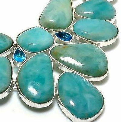 Amz 244e collier parure amazonite topaze bleue 15x20mm 75gr bijou ethnique argent 925