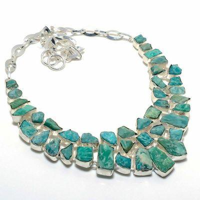 Amz 245a collier parure amazonite brutes 10x15mm 93gr bijou ethnique argent 925
