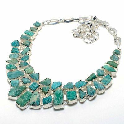 Amz 245c collier parure amazonite brutes 10x15mm 93gr bijou ethnique argent 925