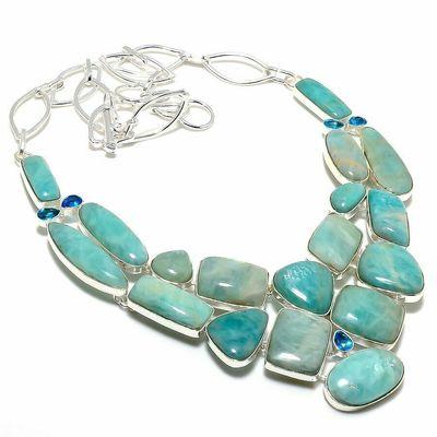 Amz 246a collier parure amazonite topaze bleue 15x20mm 98gr bijou ethnique argent 925