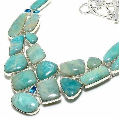 Amz 246b collier parure amazonite topaze bleue 15x20mm 98gr bijou ethnique argent 925