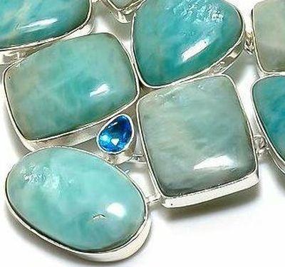Amz 246e collier parure amazonite topaze bleue 15x20mm 98gr bijou ethnique argent 925