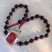 Cr 2115a collier corail rouge onyx noir grave ethnique tibet chine achat vente bijoux 1