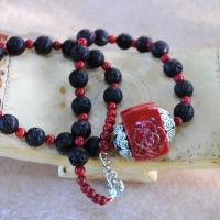 Cr 2115e collier corail rouge onyx noir grave ethnique tibet chine achat vente bijoux 1